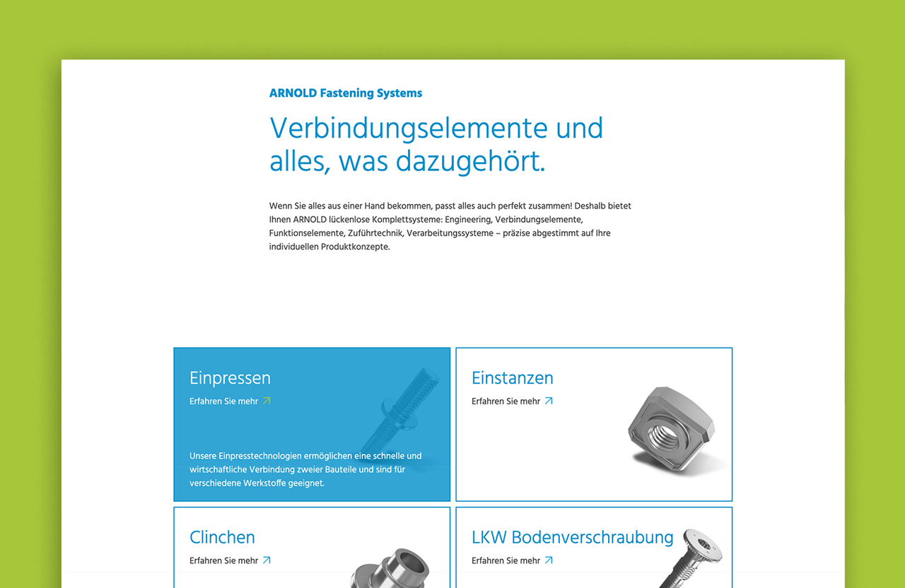 Arnold Umformtechnik Webseite Produktübersicht