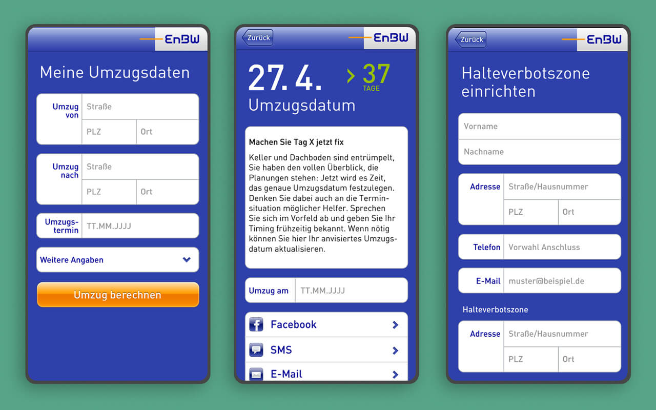 EnBW Umzugsplaner App Screens